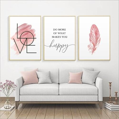 Pink Feather Canvas Painting Inspirational Quote Wall Art Poster and Print Love Sign Picture For Girl Bedroom Decor Home Decor