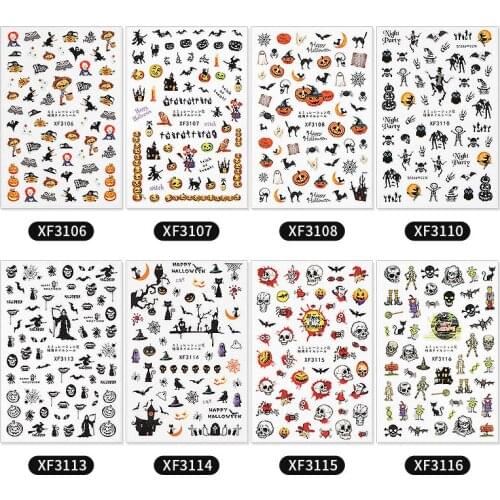 Halloween Adhesive 3d Nail Sticker Foil Decals For Nails Sticker Art Pumpkin Lamp Elf Witch Skull Vampire Nail Art Decorations
