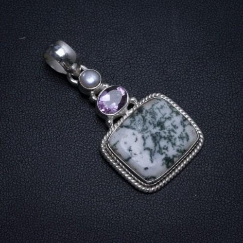 Natural Moss Agate,Amethyst and River Pearl Indian 925 Sterling Silver Pendant 1 3/4" T0222