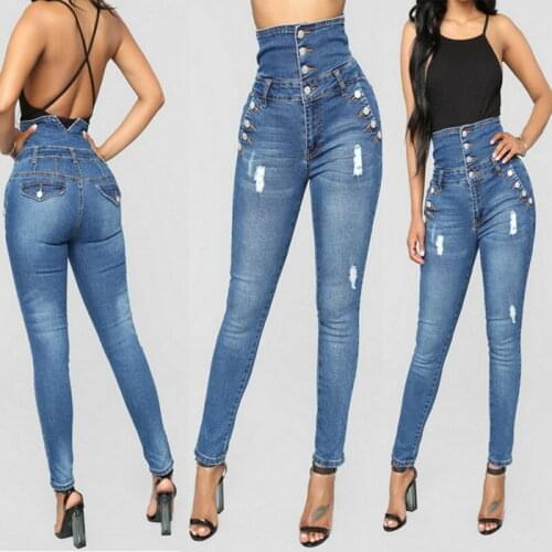 L/P Damen Jeans Denim Blau Hohe Taille Stretch Hose Chinoshose Freizeithose Slim