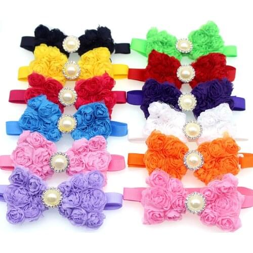 Hot !50pcs Pet Dog Bow Ties Chiffon Rose Diamond Ribbon Pet Bowties Pet Dog Neck Collar Accessories Pet Grooming Shop