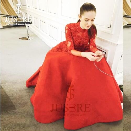 A line Box Pleat Illusion Back Embroidery Bodice High Neckline Elegant Customize New Arrival Long Sleeves Red Prom Dress 2018