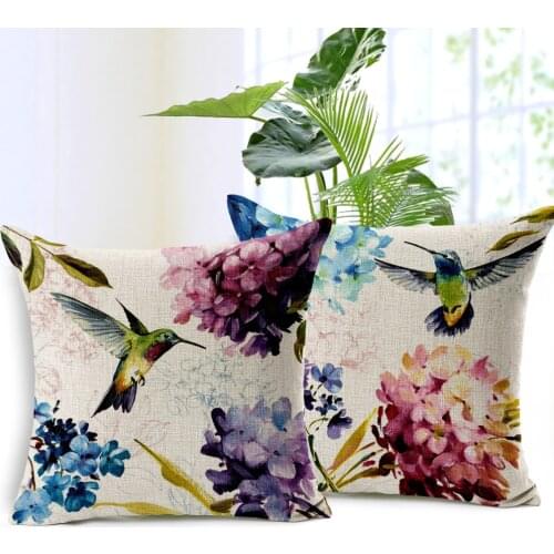 Hand painted Hummingbird Linen Cushion Cover Animal Flower Plant Printed Pillow Cover Decorative Pillow Cases Capa De Almofada
