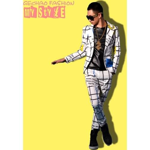 M-6XL!! New Nightclub Bar Male Singer Line lattice visual suit suits for bar costumes Jacket Pants Mens Party Costume Hip Hop