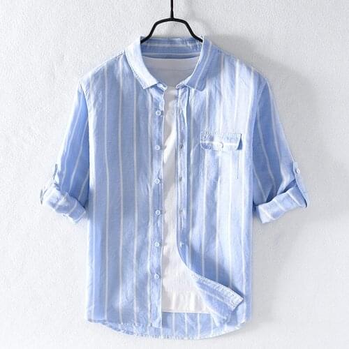 New Italy style brand long sleeve shirt men stripe fashion shirt for men casual flax shirt male tops camisa chemise overhemd