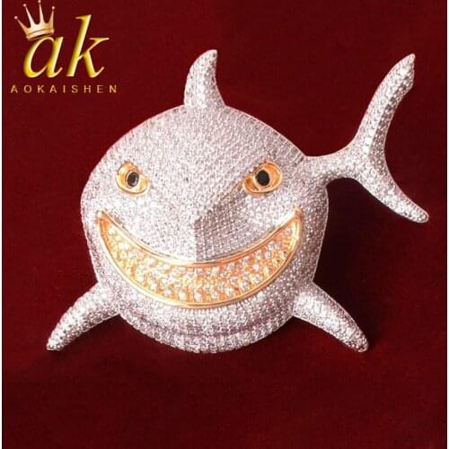 Animal Shark Pendant Necklace 20mm Cuban Chain Charm medallion Real Gold Color Cubic Zircon Hip Hop Rock street Jewelry