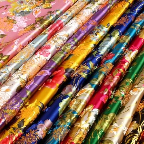 Width 19.7 " Chinese Gold Silk Weave Jacquard Brocade Fabric Dress Kimono Material Peony series By the Half Yard
