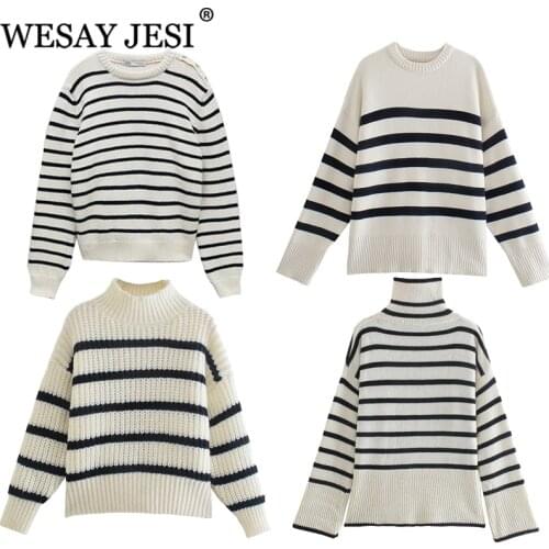 WESAY JESI 2021 Spring New Sweater Pullover Long Sleeve Round Neck Ladies Striped Knitwear Ladies Spring Autumn Casual Wear