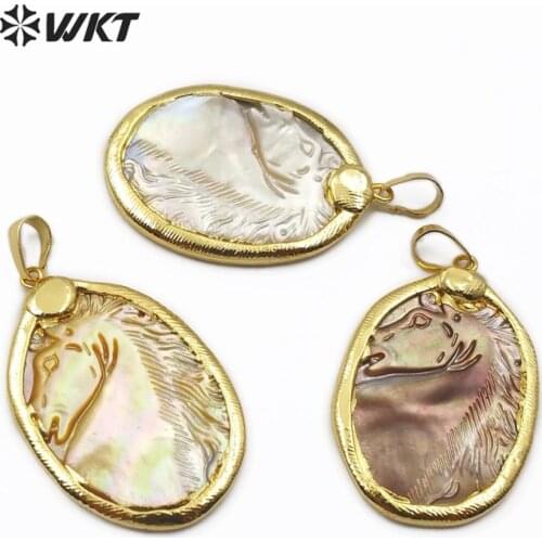 WT-JP163 Natural Shell Pendant Carved Horse Shell pendant Yellow/Brown/White Color With Gold Trim Shell Fashion Pendant