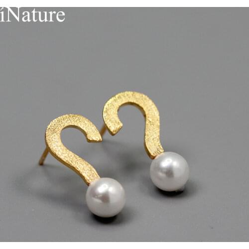 INATURE 925 Sterling Silver Geometric Question Mark Pearl Stud Earrings for Women Gift