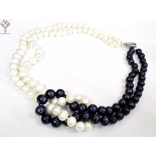 Women Jewelry 8x9mm white black pearl 2 rows necklace pearl handmade real natural freshwater pearl gift