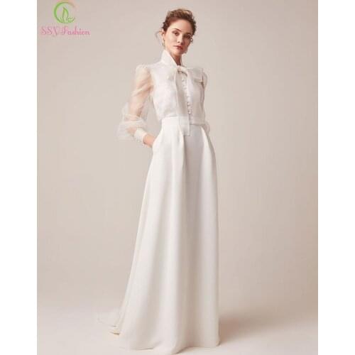 SSYFashion New Banquet Elegant White Satin Evening Dress Long Sleeve Straight Simple Long Formal Party Gown Vestidos De Noche