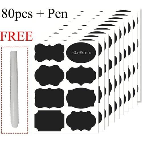80pcs Spice Label Stickers Home Jars Bottles Black Tags kitchen storage With Marker Pen Erasable waterproof blackboard stickers