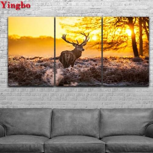 5D DIY Diamond Painting Autumn Sunset Forest pictures 3pcs Full Square drill Diamond Embroidery Animal Deer mosaic wall Decor
