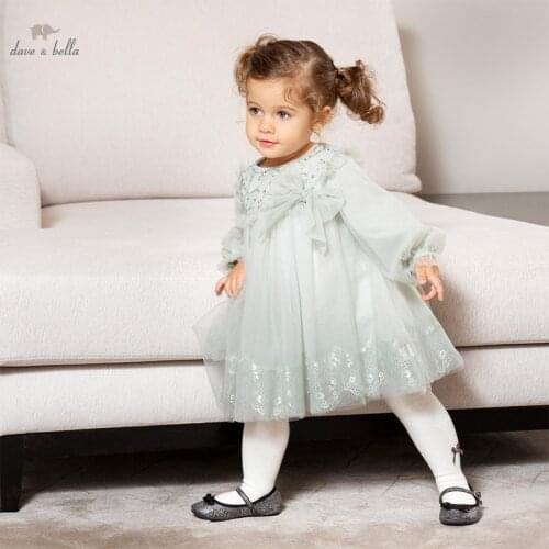 DBM16333 dave bella spring baby girls cute floral bow mesh dress children fashion party dress kids infant lolita clothes