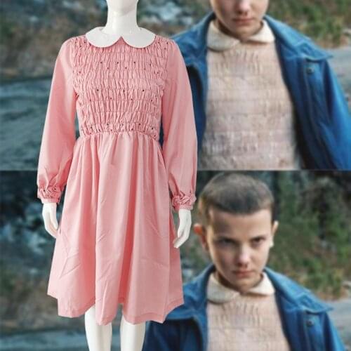 Stranger Things Season 3 Costume Eleven Cosplay Fancy Dress EL Pink Long Sleeve Dress Women Girl Halloween Carnival Party Outfit
