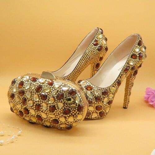 Fashion Peep Toe Champagne Coffee Crystal wedding shoes Woman High heels Platform shoes and bags Fahion shoes and bag