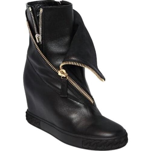 Fashion Cow Leather 8 cm Height Increasing Ankle Boots Woman Side Double Zip Round Toe Shoes Winter Short Boots