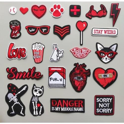 46 Different Styles can Choose) Red Lips Patches for Clothing Embroidered Appliques Iron on Badges Stripes Stickers on Clothes