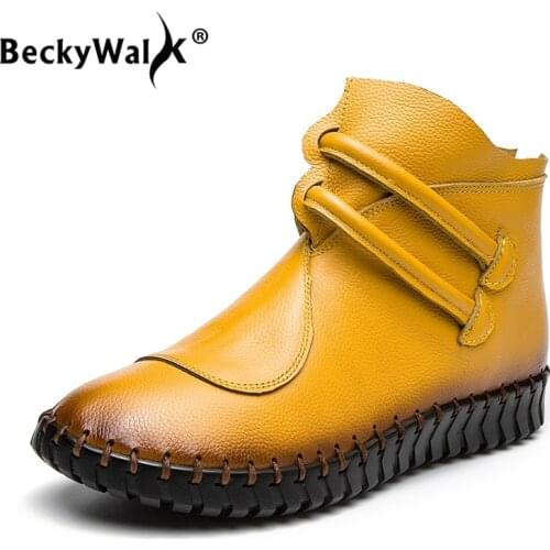 BeckyWalk 2021 New Winter Boots Women Genuine Leather Handmade Oxford Shoes Women Plush Ankle Boots Lady Flat Snow Boots WSH3068