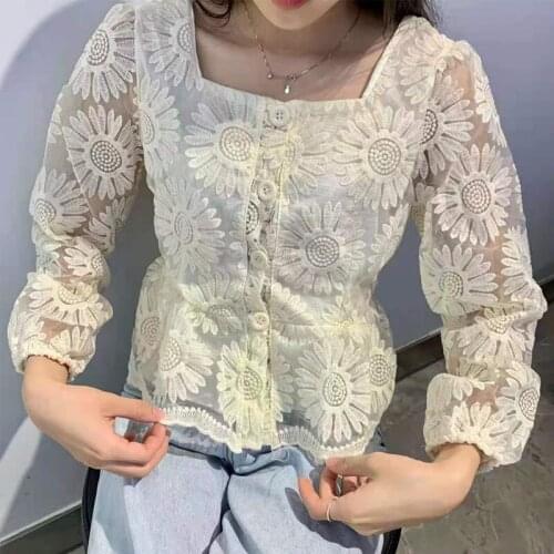 New Square Collar Slim Women Blouses Embroidery Floral Lace Women Shirts Elegant Sweet Female Tops Clothing Blusas Mujer 15599