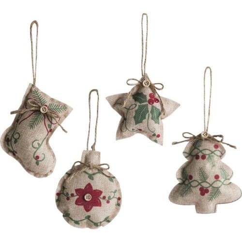 Christmas Linen Pendant Christmas Tree Printed Small Strap Ornament-Five-pointed Star Socks Ball For Christmas Home Decoration