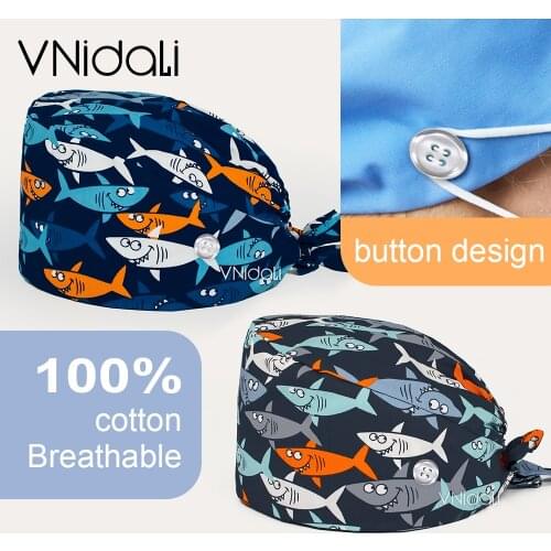 Cute shark series print surgeon cap High quality fashion pure cotton medical surgical cap nurse hair care scrubs cap nursing cap