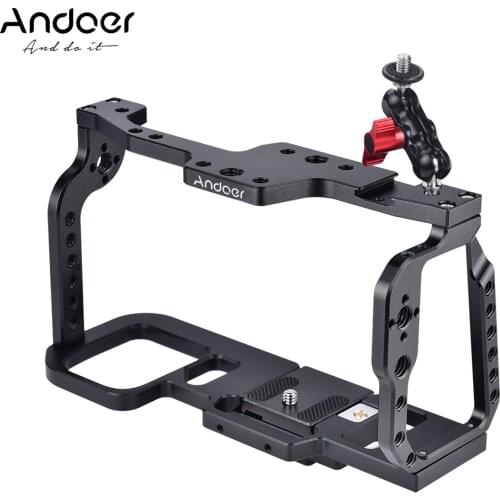 Andoer Camera Cage Stabilizer Aluminum Alloy with Quick Release Plate Cold Shoe Mount 1/4”3/8 Inch Screw Holes Mounting Adapter
