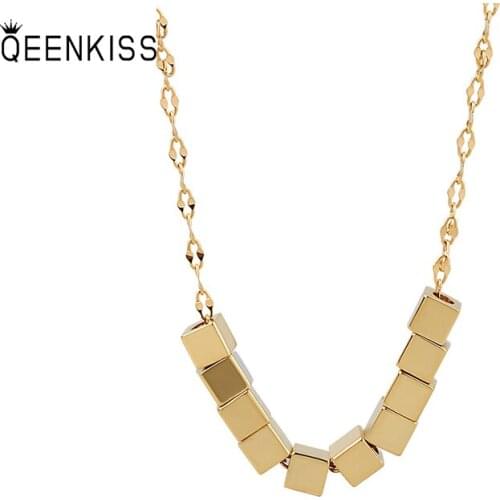 QUEENKISS NC626 Fine Jewelry Wholesale Fashion Lady Girl Birthday Wedding Hip hop Cube 18KT Gold White Gold Pendant Necklace