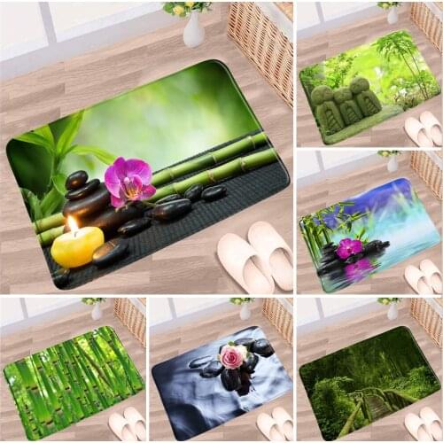 Zen Bathroom Mat Bamboo Orchid Forest Stone Buddha Leaves Flower Green Plants Scenery Non-Slip Rugs Bath Kitchen Doorway Carpets