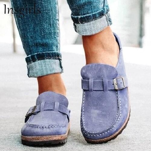 Women Retro Loafers 2021 Summer Buckle Closed Toe Ladies Slip On Comfortable Sandals Large-Sized Home Beach Slippers Mules