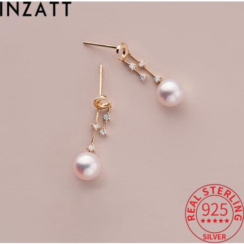 INZATT Real 925 Sterling Silver Zircon Round Pearl Tassel Moon Drop Earrings For Women Trendy Luxury Fine Jewelry Drop Shipping