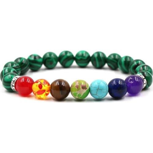5 Colorful 10mm Malachite Stone Beads Bracelets Rainbow Seven Chakras Bracelet Men Strench Jewelry Pulseras Mujer Women Bangle