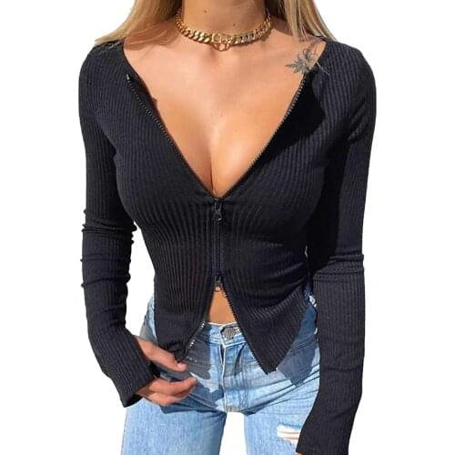 Women Front Zipper Ribbed Crop Top Autumn Solid Color Zip Long Sleeve V Neck Tight Knitwear T Shirts Tops Summer