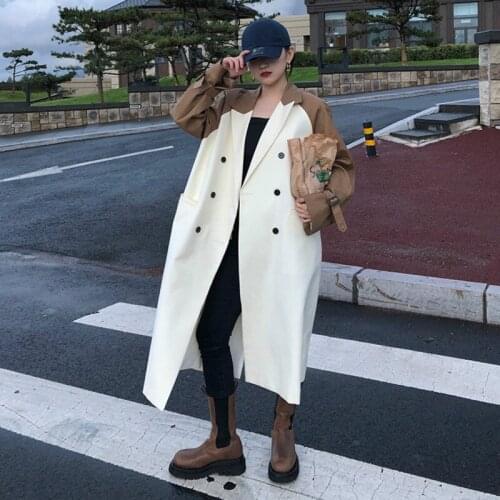 2020 Autumn Female Korean Fashion Long-sleeved Turn Down Collar Double Breasted Loose Mid Long Windbreaker Overcoat C641