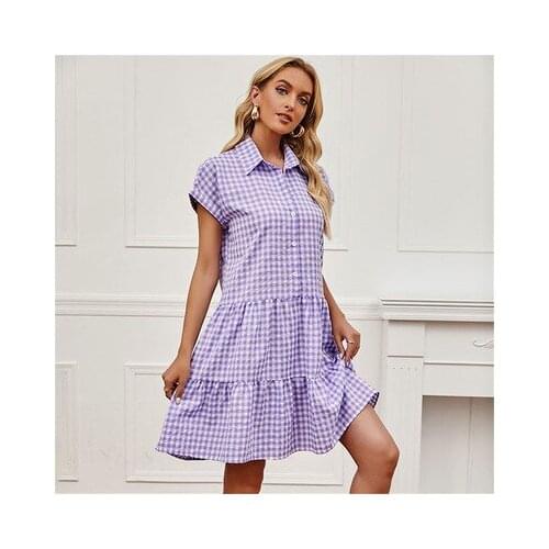 Women Button Lapel Plaid Stitching Short-sleeved Dress Loose Streetwear Female Summer Harajuku Dress Vestidos Mujer Verano 2021