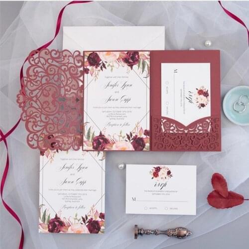 1pc Burgundy Laser Cut Pocket Wedding Invitation With RSVP Card Personalized Birthday Invitations Party Decor Supplies IC136