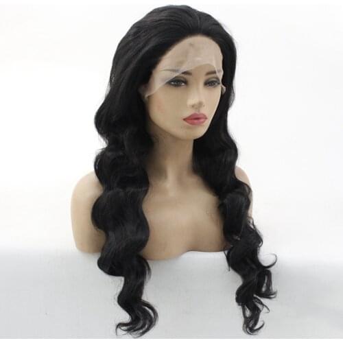 #1B Natural Black Lace Front Wig 150%Density Natural Soft Glueless Long Body Loose Wavy Synthetic Wigs For Women Heat Resistant
