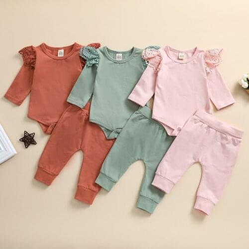 0-3Years Infant Kids Baby Girls 2Pcs Clothes Set Long Sleeve Lace Bodysuits Pants Spring Autumn Solid Outfits