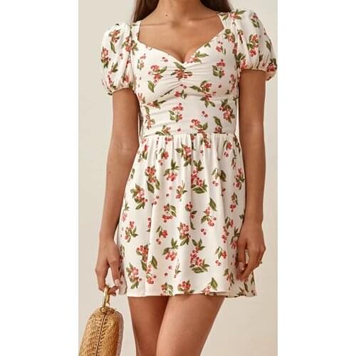 2021 fashion beach Back Elastic dress short puff sleeve dresses korean A-Line summer vestido floral print holiday vintage v neck