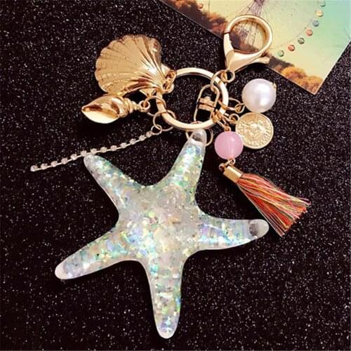 Big Starfish Pearl Shell Pendant Keychain For Women Cartoon Sea World Tassel Bag Pendants Keyrings Car Key Chain Q-022
