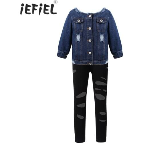 Kids Girls Spring Fall Clothes Childrens Sets Off Shoulder Ripped Jean Jacket Coat Tops with Shredded Leggings Pants