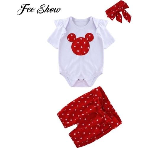 0-2 Years Newborn Baby Girls Birthday Party Clothes Set Cartoon Infant Romper Pants Headband 3 Pcs Outfits for Toddler Casual