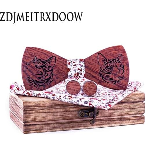 Elegant Adult Men Birthday Gift Wood Bowtie Cravat Elastic Band Necktie Groom Wedding Party Cartoon Cat Flower Wooden Bow Tie