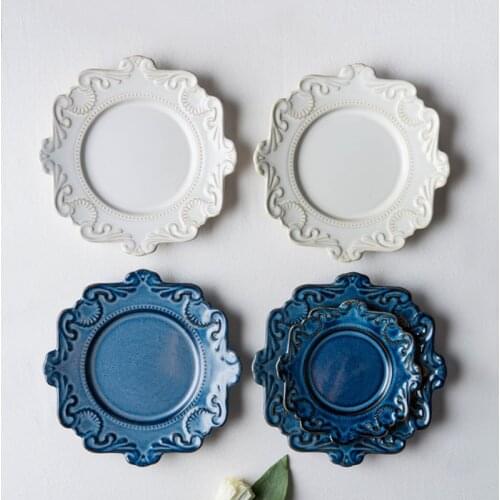 European retro ceramic dinner plates embossed Blue White Dinnerware porcelain dessert cake plate round bowls kitchen Tableware