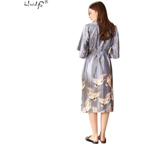 New Luxury Satin Silk Robe Long Crane Print Kimono Robe Women V-neck Half Sleeve Animal Belted Lingerie Spring Elegant Sleepwear