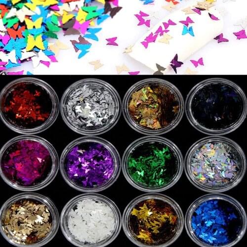 Box 12 Styles Butterfly Shape Nail Flakes 3D Glitter Sequins Nail Art Tips Charms Butterfly Manicure Nail Decoration 12 Colors