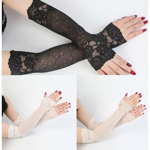 2020 Summer Lace Women Gloves Sunscreen Long Lace Fingerless Mittens Covered Scar Elastic Sleeve Ladies Driving Gloves Wholesale