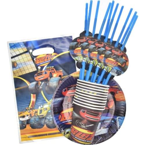 40PCS Blaze Monster Machines Design paper Plates cups straws Kids Favors Baby Shower Birthday Party Dishes Glass Tableware Set