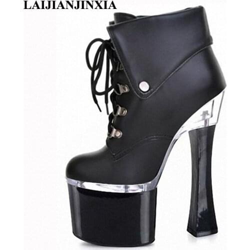 New super high heels in 2018, 18cm tall, low-tube boots on belt buckle faux leather, banquet dancing shoes